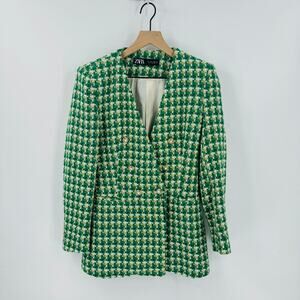 Zara Women's Kelly Green Tweed Jacket Double-Breasted Long Blazer Size Large